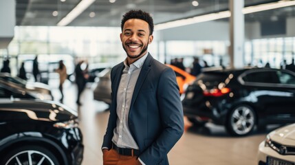 A young man in a suit standing in a car showroom with a car in the background.