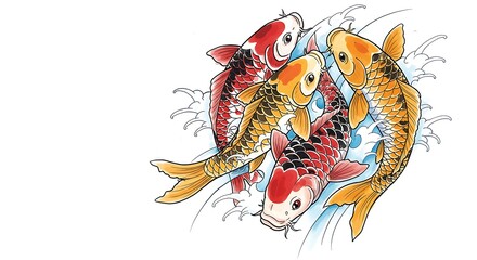Obraz premium Colorful koi fish swimming upstream, tattoo sketch, white background