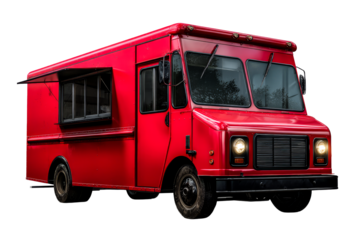 Red food truck parked against a transparent background