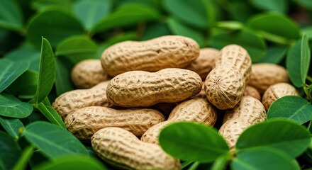 Pile of Peanut Pods on Green Leaves