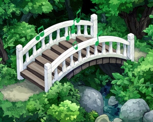 White bridge musical notes lush green forest stone path animated style peaceful whimsical serene nature stream
