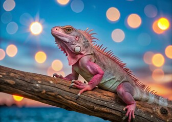 Obraz premium Pink Iguana Silhouette on Branch, Bokeh Background - Stock Photo
