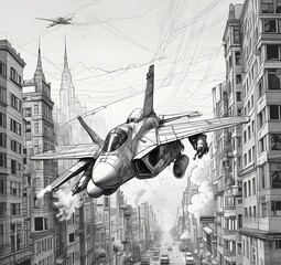 military jet fighter plane flying over the city. Illustration