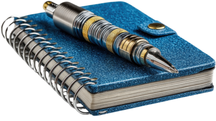 Silver Pen and Blue Notebook: A detailed photograph of a silver pen resting on a vibrant blue notebook with spiral binding and golden accents, representing ideas, writing and note-taking