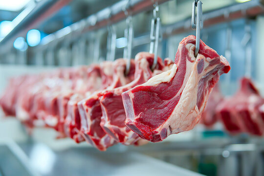 Meat processing plant. Production line of meat.Line for the production of meat with packaging and cutting . Industrial equipment at a meat factory.
