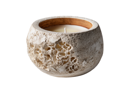 Decorative stone candle holder with intricate texture, white isolate background.