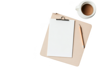 Clipboard with paper and coffee cup isolated on transparent background