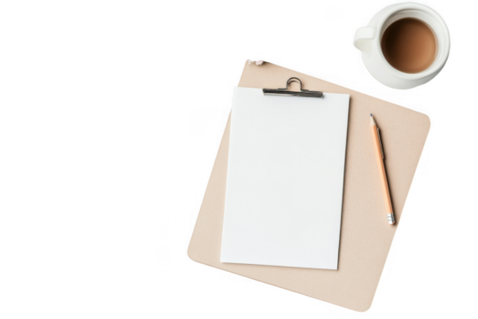 Clipboard with paper and coffee cup isolated on transparent background - Powered by Adobe