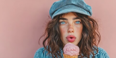 Young woman enjoying ice cream cone with pink wall background during sunny day in urban setting