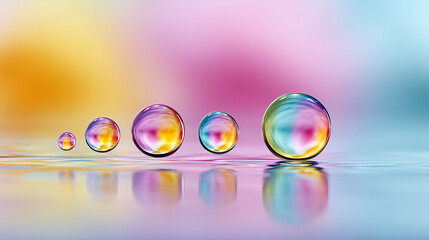 Close-up of colorful water droplets on a reflective surface