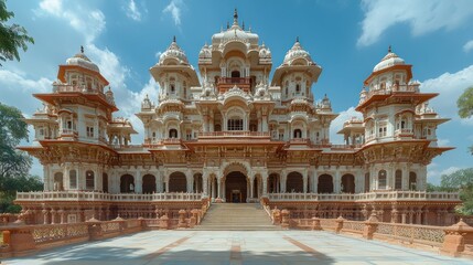 Obraz premium Grand, ornate palace facade, detailed carvings, wide steps, light beige stone