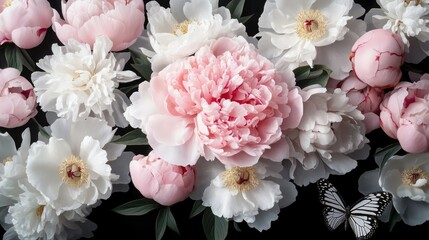 A vibrant arrangement of blooming pink and white peonies set against a dark background.