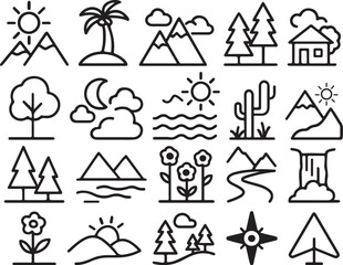 Landscape Outline Icon Set 20 Minimal Nature and Scenery Vector Icons.