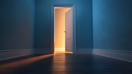 Ajar Entrance to the Unknown: An open doorway glows enticingly, casting light onto a polished wooden floor in a dimly lit room, evoking mystery and curiosity.