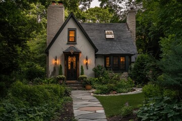 Obraz premium Charming cottage nestled in lush greenery at dusk, showcasing warm lights and inviting pathway leading to the entrance on a tranquil summer evening