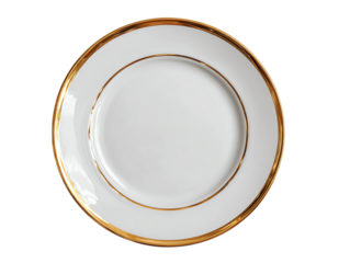 Elegant white plate with gold rim on a white isolate background.