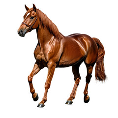 Obraz premium Digitally rendered image of a horse in a dynamic pose, showcasing a rich brown coat and intricate details.