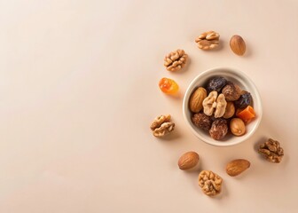 Ramadan Kareem: Dates, Dried Fruits & Nuts on White Background - Candid Stock Photo