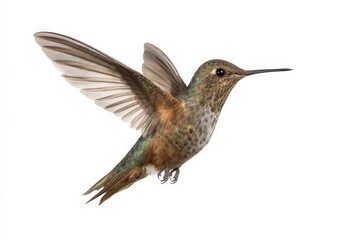 Fototapeta premium Hummingbird in flight, isolated on white background. Brown and green feathers.
