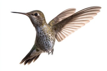 Fototapeta premium Hummingbird in flight, wings spread wide, isolated on white.