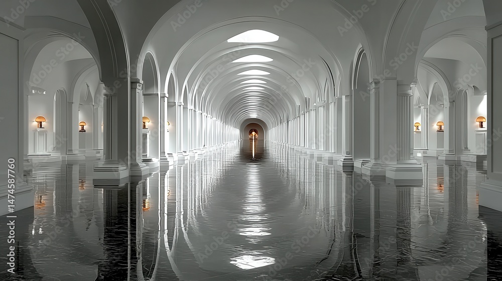 Poster empty white corridor with columns minimal 3d rendering illustration