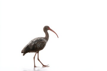 Fototapeta premium A graceful ibis strides against a stark white background, its plumage a blend of muted grays and browns.