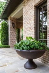 Fototapeta premium Elegant landscaping features a large planter filled with lush greenery beside a brick facade of a beautiful home, showcasing a serene outdoor atmosphere in daylight