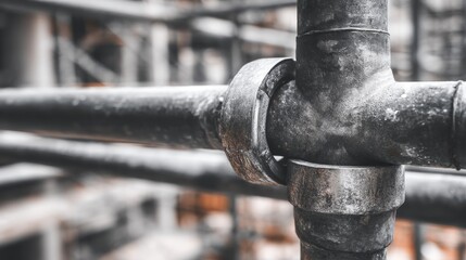 Close-up view of metal pipe joint connection on industrial scaffold structure at construction site. Focus on steel clamp system, supporting platform stability, safety, and engineering precision