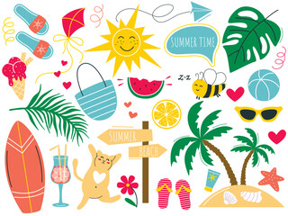 Hand drawn set illustrations on theme of summer beach holiday, including palm tree, fruits, cocktail, sunglasses, surfboard, kite, airplane and other items. Bright colorful collection of vacation item