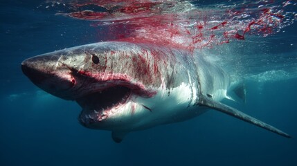 Extreme close-up of aggressive great white shark during underwater attack with visible sharp teeth and floating blood, capturing ocean predator behavior, marine danger and wildlife survival instincts