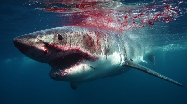 Extreme close-up of aggressive great white shark during underwater attack with visible sharp teeth and floating blood, capturing ocean predator behavior, marine danger and wildlife survival instincts