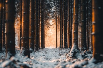 Sunlight filters through a snowy forest path
