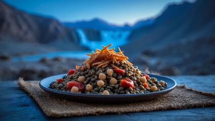 Lentil Salad Dish with Crispy Topping and Mountain Landscape Backdrop