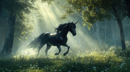 Obraz premium A majestic black unicorn with a long, flowing mane and tail strides gracefully through a sunlit forest