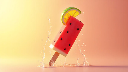 Refreshing watermelon popsicle with lime garnish and water splash against gradient background