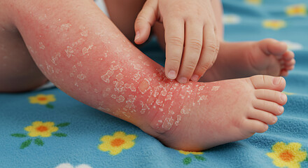 Child's leg with severe skin peeling and redness, illustrating dermatological conditions, ideal for medical articles and health websites