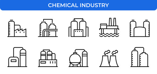 Chemical Industry Factory Plant Production Line Icons Set Manufacturing Engineering Technology Outline Vector Editable Stroke Easy to Edit Flat Icons
