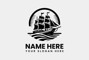 Monochrome Sailing Ship Illustration. Minimalist Maritime Vector Logo  Art