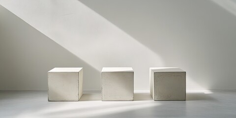 Fototapeta premium Three light-grey cubes in sunlit room