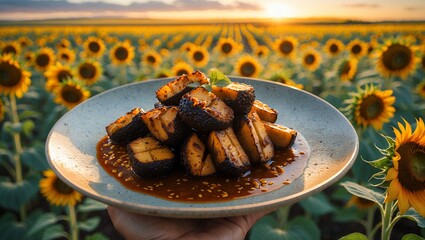 Fototapeta premium Grilled Plantain Dish Held in Sunflower Field During Sunset