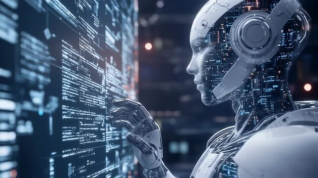 Futuristic AI Robot Analyzing Data on Screen Technology Innovation