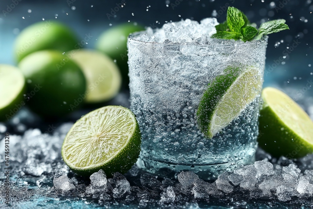 Poster refreshing lime drink with ice and mint garnished on a cool surface ideal for summer occasions