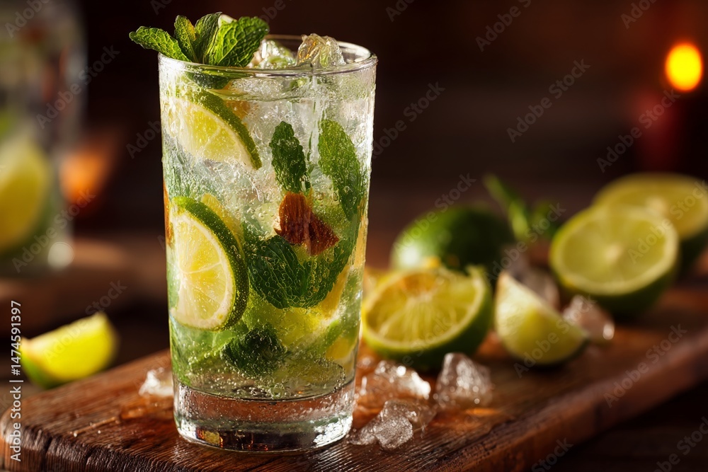 Poster refreshing cocktail with mint and lime on a wooden table in a dimly lit bar during the evening