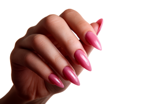 Elegant hand with long glossy pink nails on transparent background - Powered by Adobe