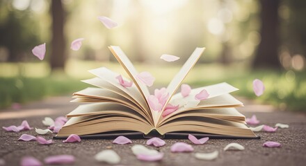 Open Journal with Fluttering Pages and Scattered Petals