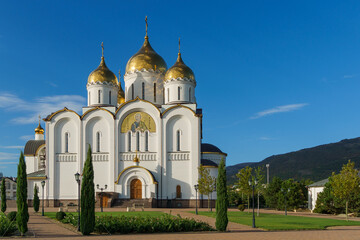 Grand Russian Orthodox church of St. Andrew the First-Called with golden domes stands majestically...