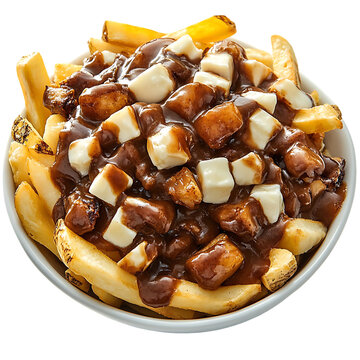 Large portion of golden brown french fries smothered in rich dark brown gravy and melted white cheese cubes.  A visual representation of a typical poutine dish.