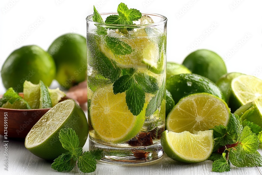 Poster refreshing lime and mint drink served with fresh limes on a white background