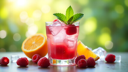 Refreshing raspberry lemonade beverage with mint garnish, ice cubes and fresh fruit