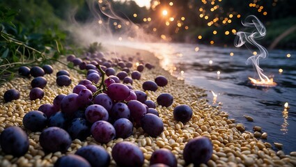Grapes and Seeds by River with Light and Smoke at Dusk